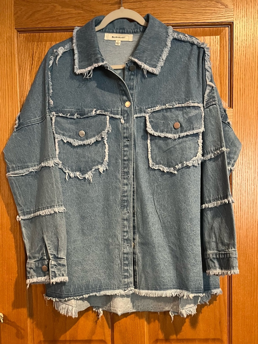 Frayed Oversized Denim Jacket - Blue